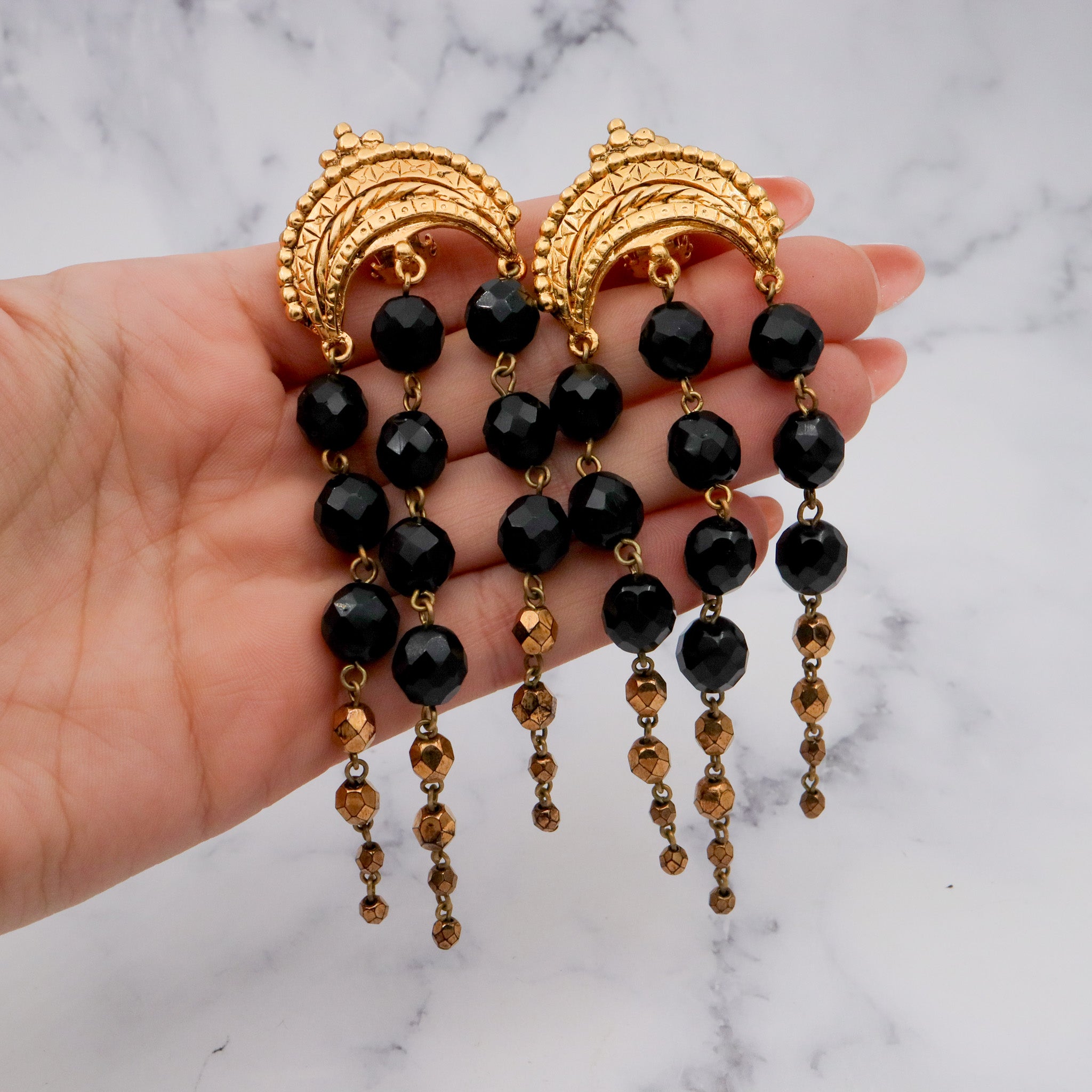 Impressive Scorpios of Paris 80’s gold-plated crescent chandelier clip on earrings